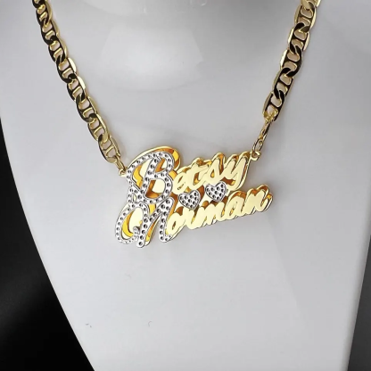 Two Hearts Two Tone Double Plate Couple Name Necklace