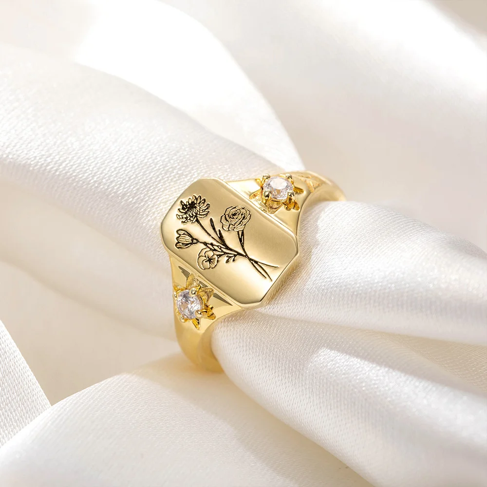 Personalized Engraved Family Birth Flower Bouquet Ring Adorned with Zircon