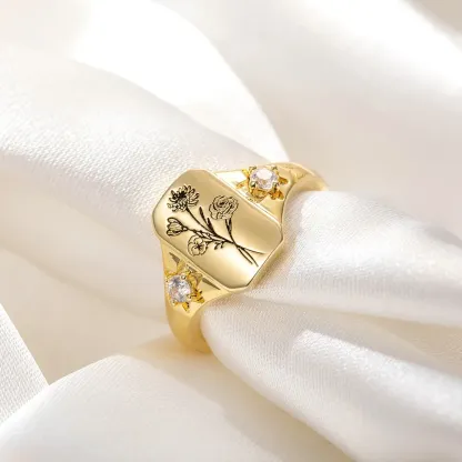 Personalized Engraved Family Birth Flower Bouquet Ring Adorned with Zircon
