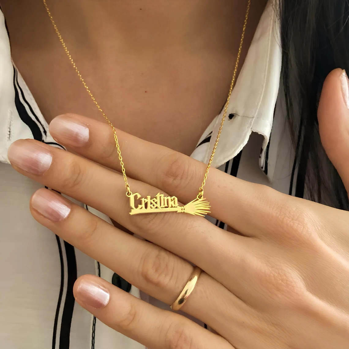 Personalized Halloween Gold Plated Magic Witch Broom Name Necklace