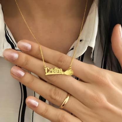 Personalized Halloween Gold Plated Magic Witch Broom Name Necklace