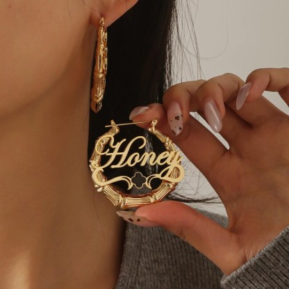 Gold Plated Personalized Bamboo Hoop Clover Name Earrings