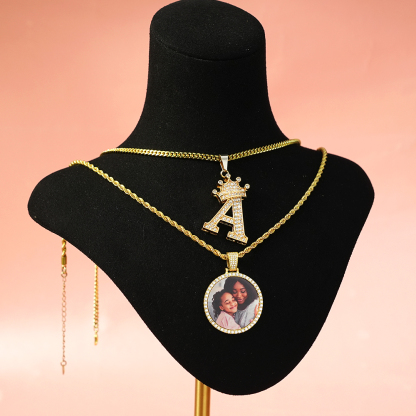 Personalized Photo Medallions Necklace And Initial Necklace Jewelry Set