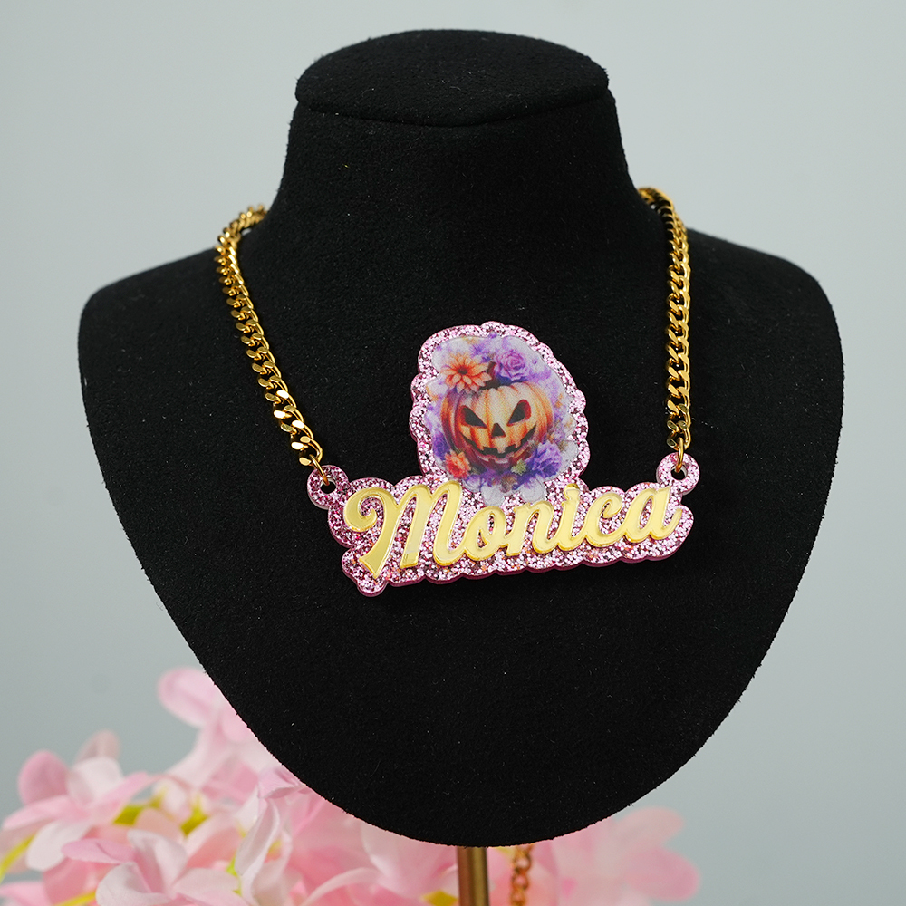Pumpkin Acrylic Pendant Personalized Name Necklace Halloween Gift