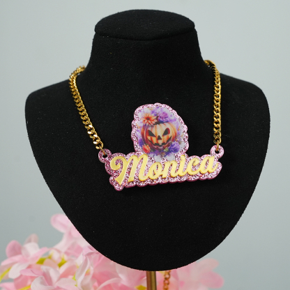 Pumpkin Acrylic Pendant Personalized Name Necklace Halloween Gift