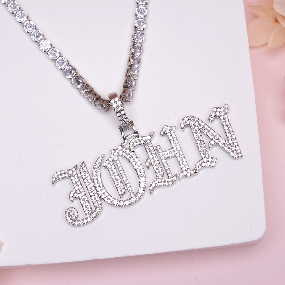 Tennis Chain Iced Out Old English Personalized Name Necklace