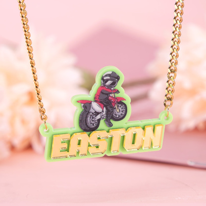 Acrylic Cool Racer With Motorcycle Rider Curb Chain Personalized Name Necklace 