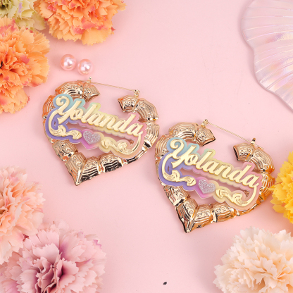 Acrylic Pink Nameplated With Heart Personalized Custom Name Necklace Heart Bamboo Earrings 2pcs Set
