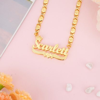 Double Layer Two Tone XOXO Chain with Crown And Heart Personalized Custom Gold Plated Name Necklace