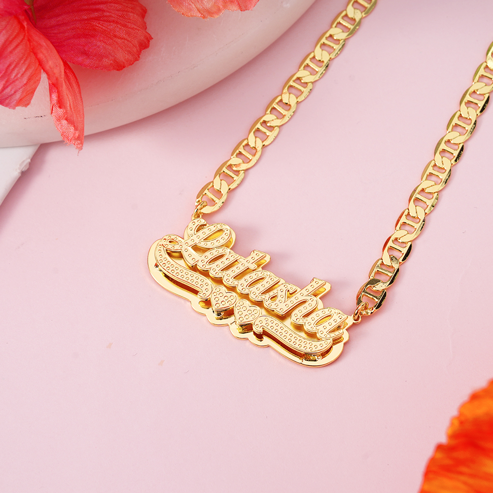 Double Layer Zircon Two Heart Nameplated Pendant Custom Name Necklace