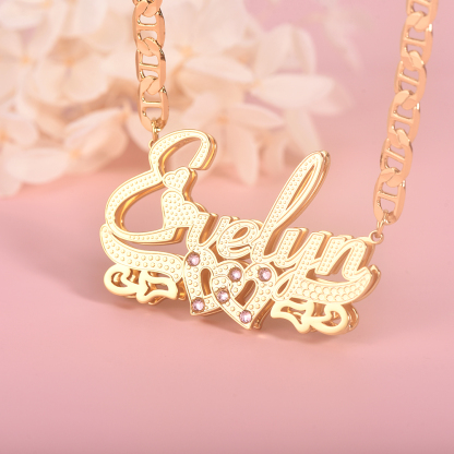 Double Layer Two Heart with Pink Zircon Personalized Custom 3D Name Necklace