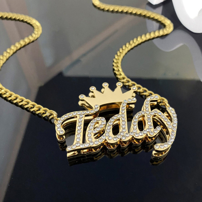 Custom Double Plated Diamond Name Necklace with Crown