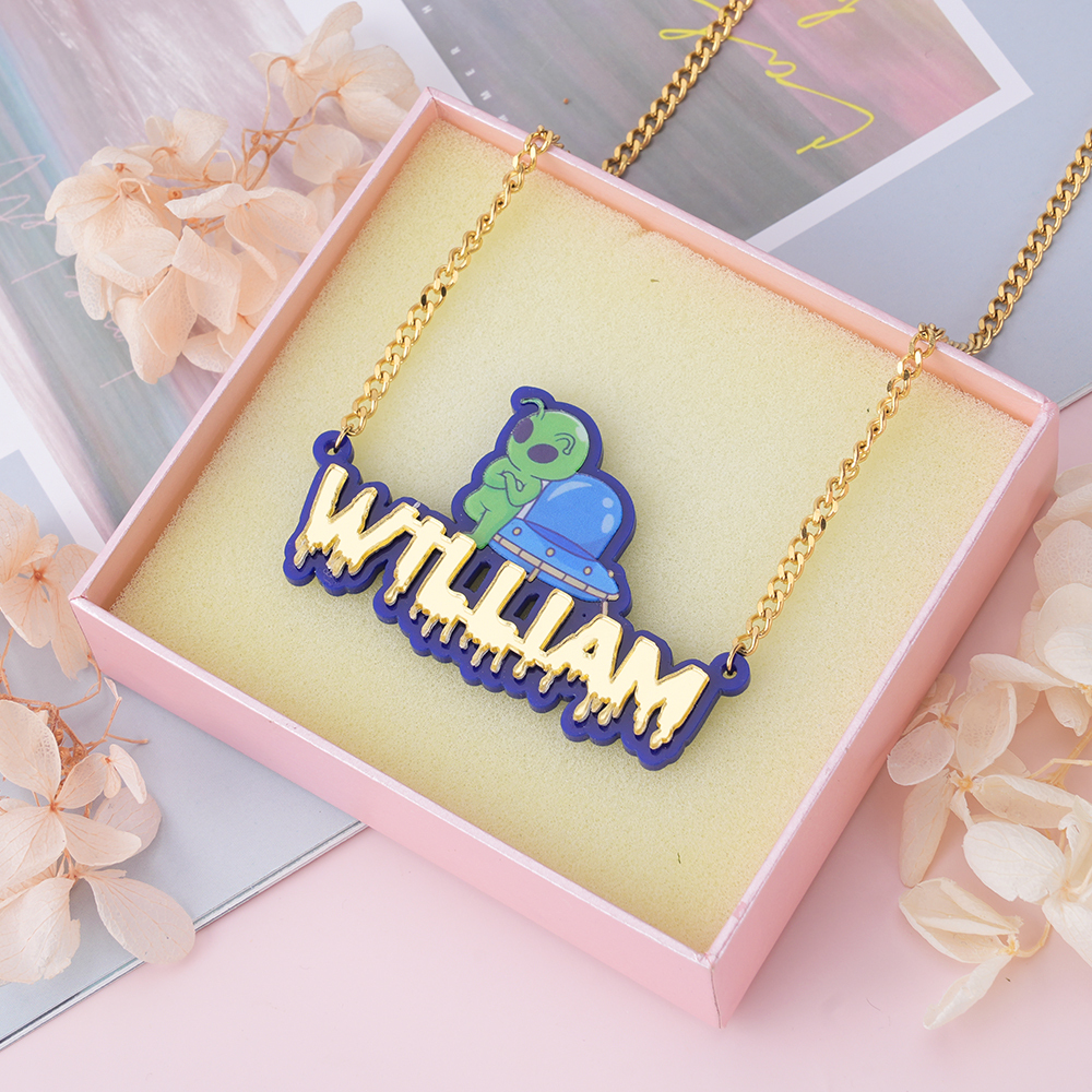 Personalized Custom Acrylic with Alien Spaceship Drip Letters Name Necklace