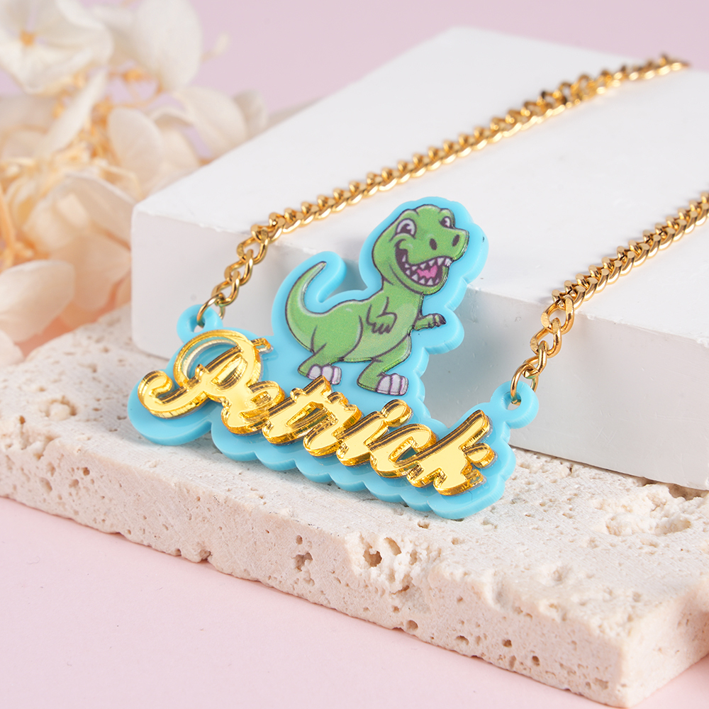 Boys Dinosaur Tyrannosaurus Acrylic Nameplate Pendant Personalized Name Necklace