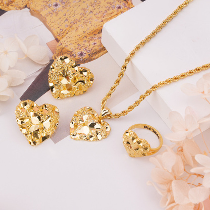 Gold Plated Nugget Love Heart Set Personalized Name Ring And Necklace Stud Earrings
