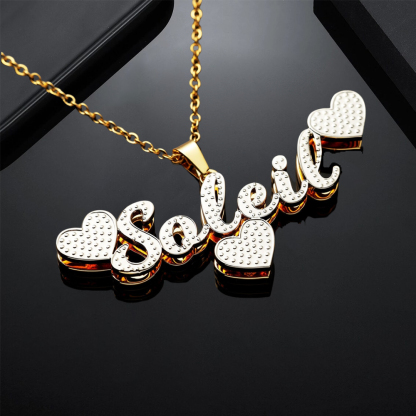 Personalized Double Plated Name Necklace With Three Hearts