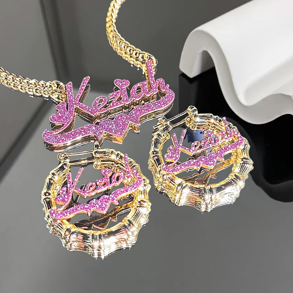 Stainless Steel Pink Bling Nameplate Set Custom Name Necklace And Name