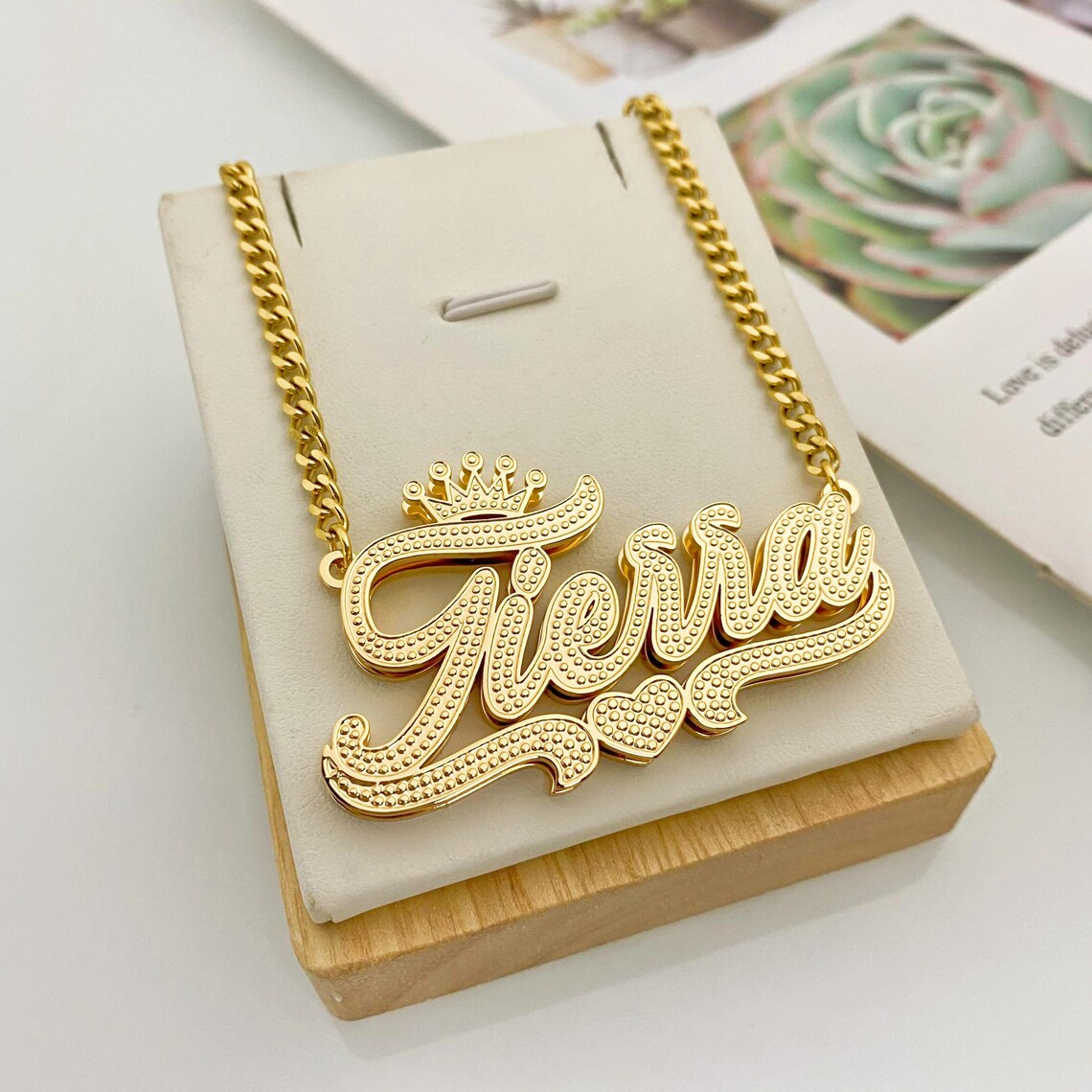 Customized Diamond Cut 3D Name Necklace with Crown and Heart