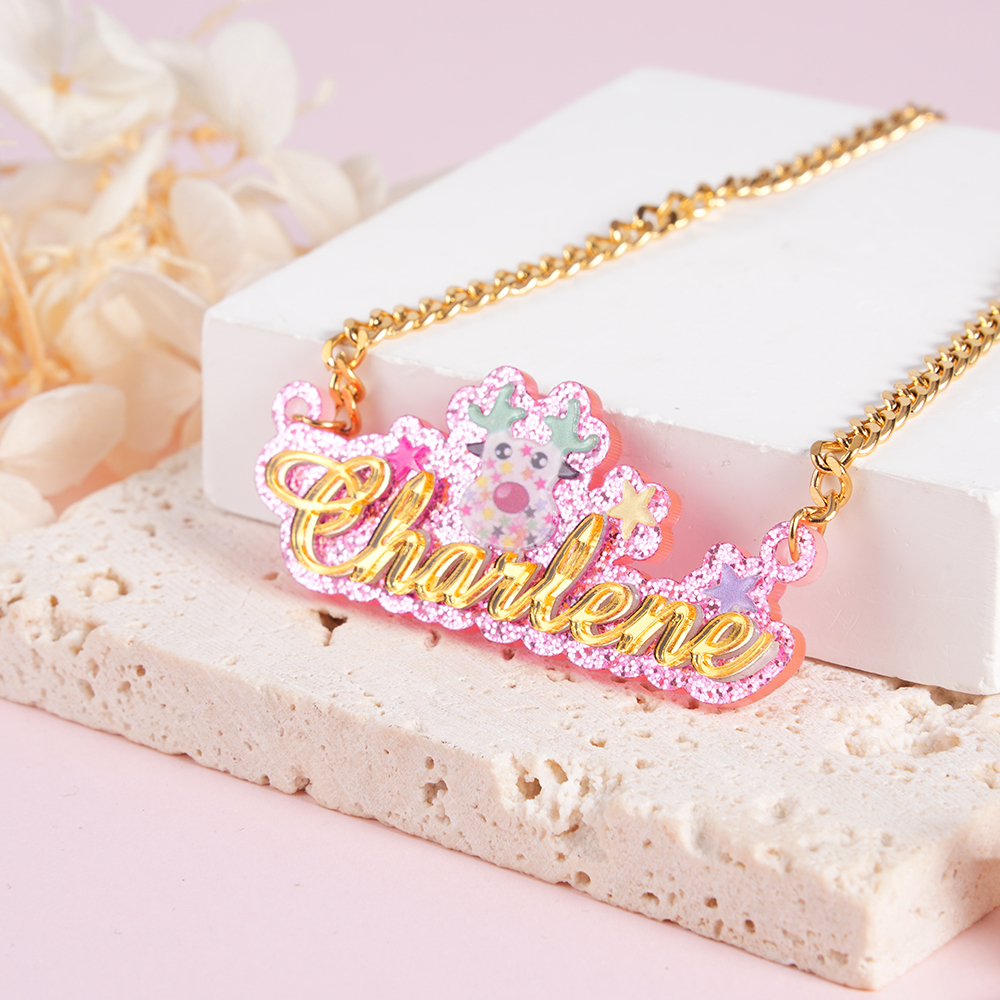 Personalized Acrylic Cuban Chain Cartoon Elk Name Necklace