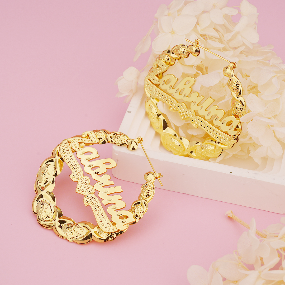XOXO Bamboo Earrings with Heart Personalized Custom Gold Plated Name Earrings