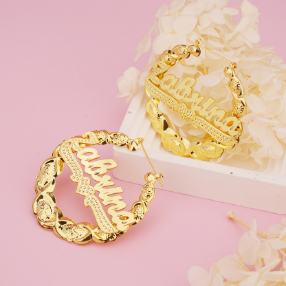XOXO Bamboo Earrings with Heart Personalized Custom Gold Plated Name Earrings