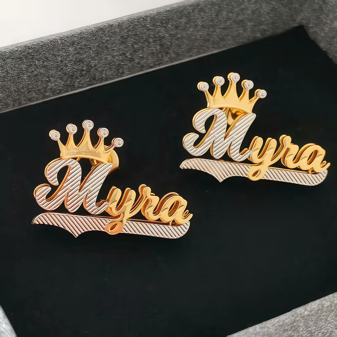 Customized Double Plate Crown Name Stud Earrings
