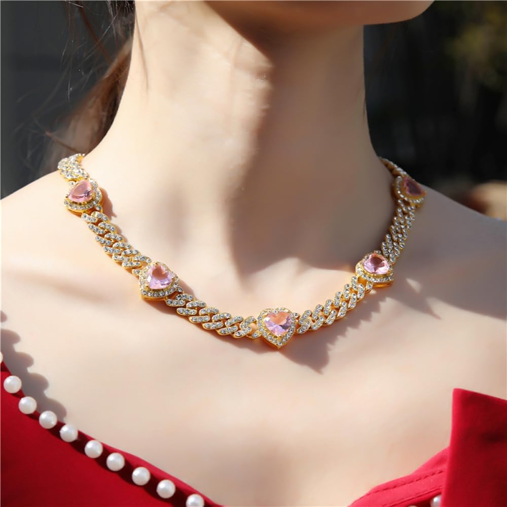 Cuban Link Chain Iced Out Paved Heart Shape Rhinestones CZ Bling Necklace 