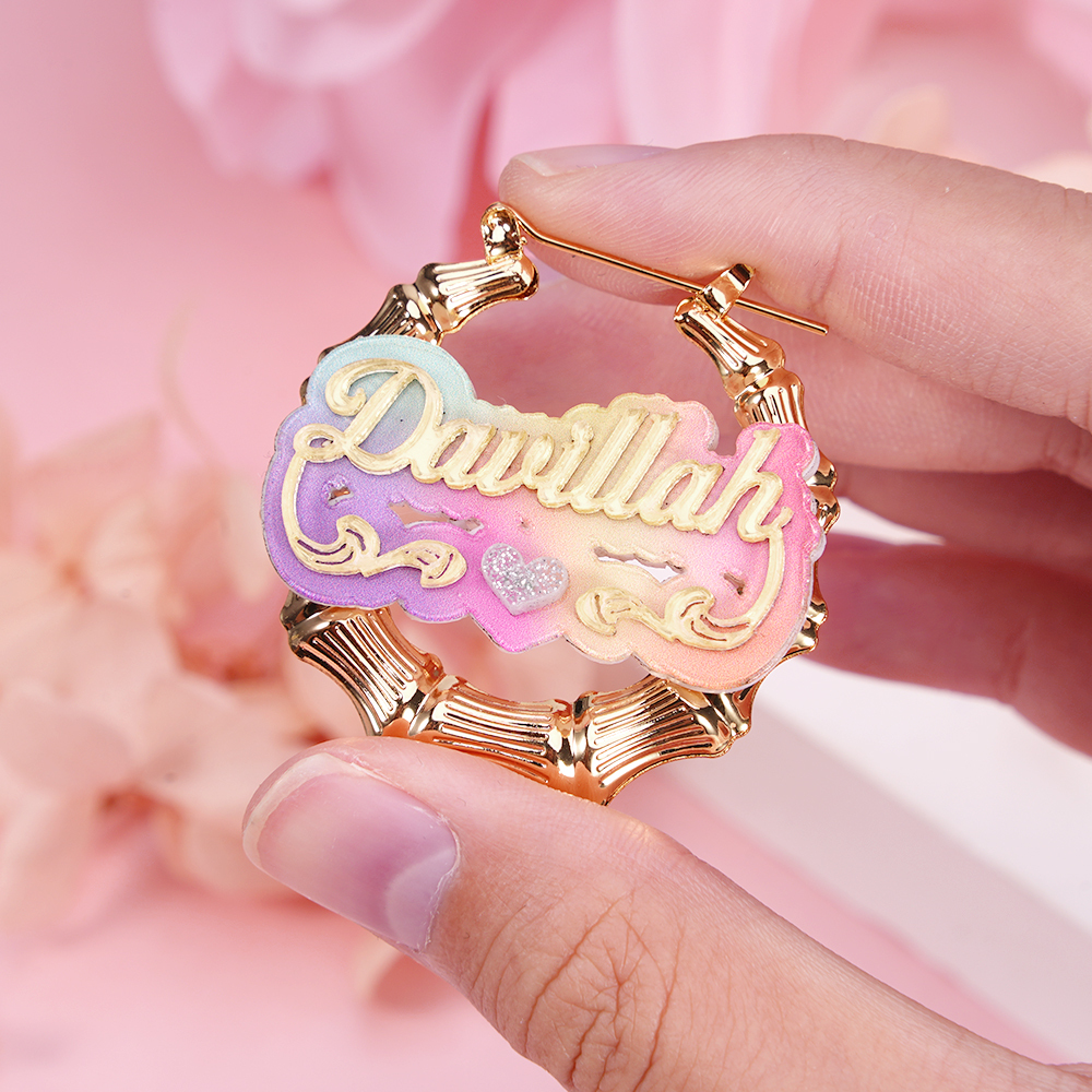 Personalized Colorful Acrylic Name with Heart Bamboo Hoop Earrings