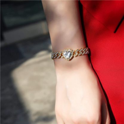 Cuban Link Chain Iced Out Paved Heart Shape Bling Bracelet 