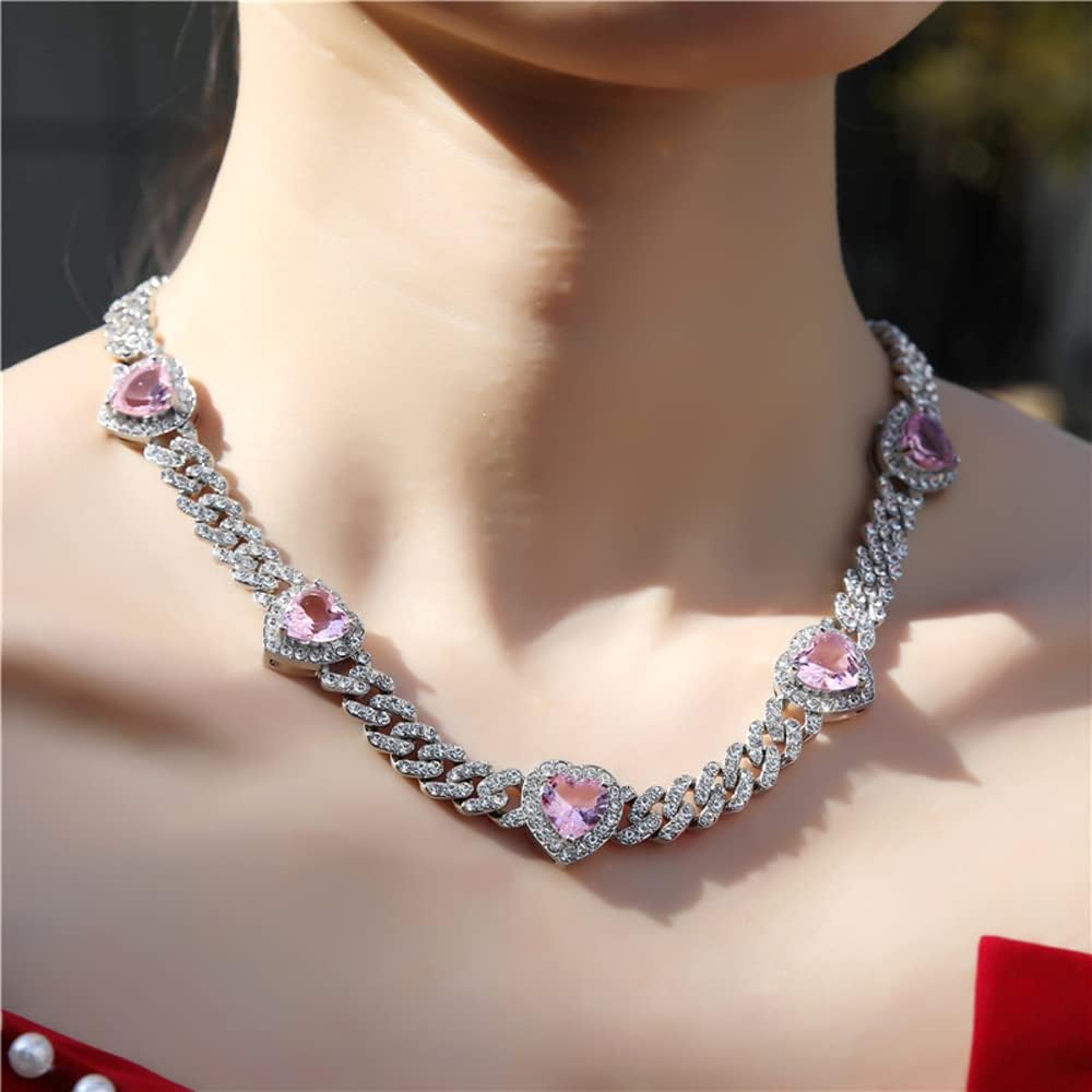 Cuban Link Chain Iced Out Paved Heart Shape Rhinestones CZ Bling Necklace 