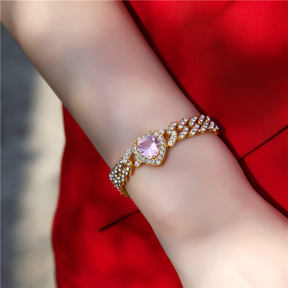 Cuban Link Chain Iced Out Paved Heart Shape Bling Bracelet