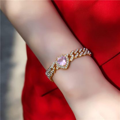 Cuban Link Chain Iced Out Paved Heart Shape Bling Bracelet 