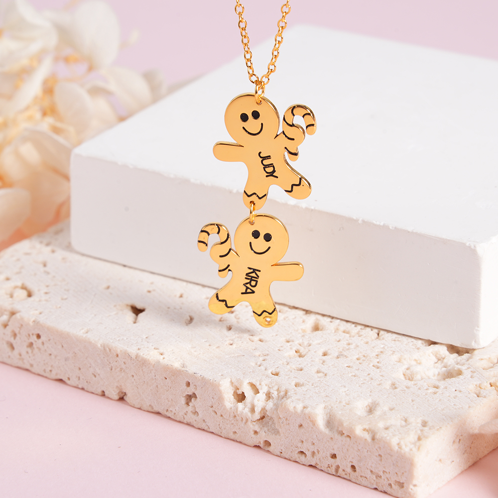 Christmas 1 to 3 Names Gingerbread Man Personalized Custom White Gold Name Necklace Chirstmas Gift