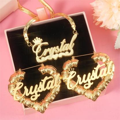 Heart Love Nameplate Personalized Snake Chain Name Necklace And Bamboo Hoop Earrings Set