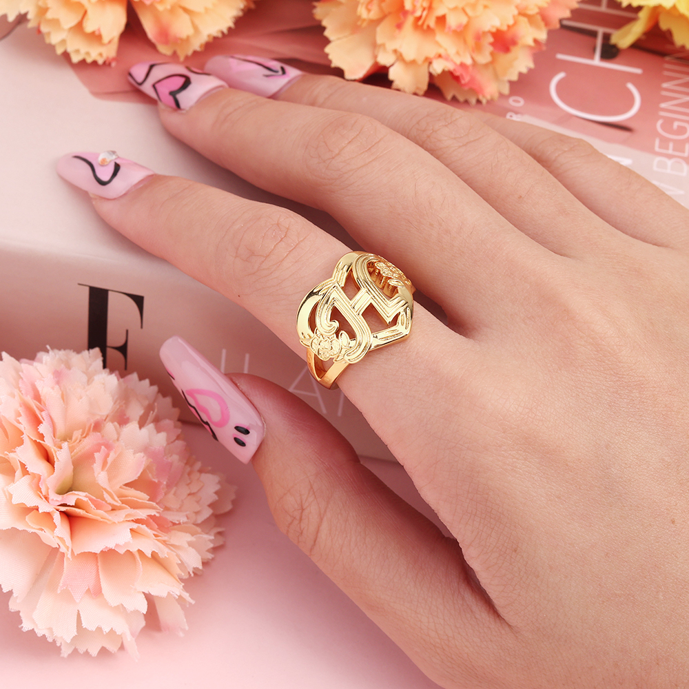 Personalized Flower Heart Initial Letter Ring Custom Ring