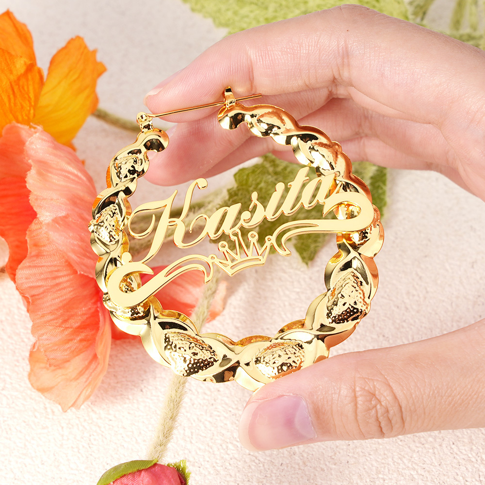 XOXO Bamboo Crown Nameplate Personalized Hoop Name Earrings