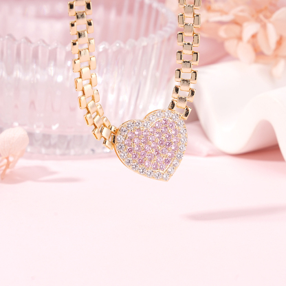 Pink Heart Charm Presidential Link Chain Watch Band Style Necklace