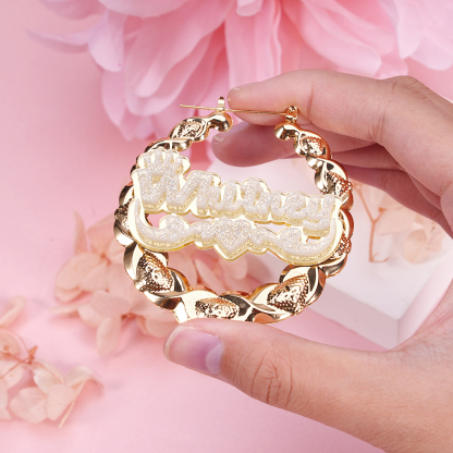 Acrylic Nameplated XOXO Bamboo Earrings Gold Plated Custom Name Earrings