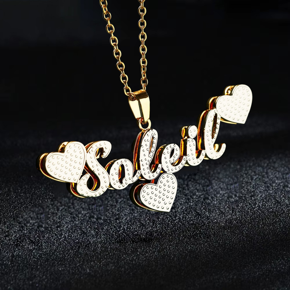 Personalized Double Plated Name Necklace With Three Hearts