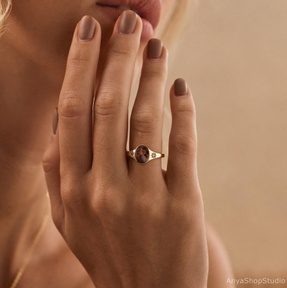 Custom Gold Plated Birthstones Round Photo Ring