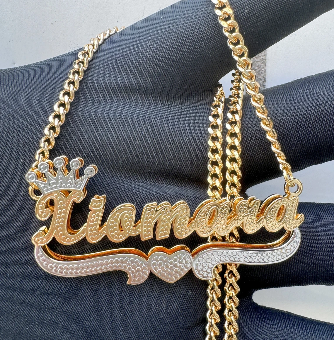 Two Tone Doubla Layer Crown Heart Custom Name Necklace