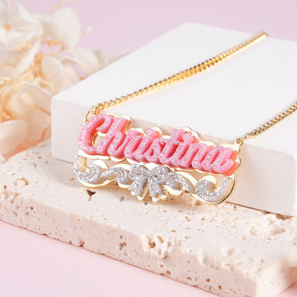 Girls Bowknot Pink Acrylic Personalized Name Necklace with Heart