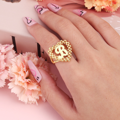 Gear Shape Rolex Style Heart Love Nugget Ring Personalized Initial Letter Ring