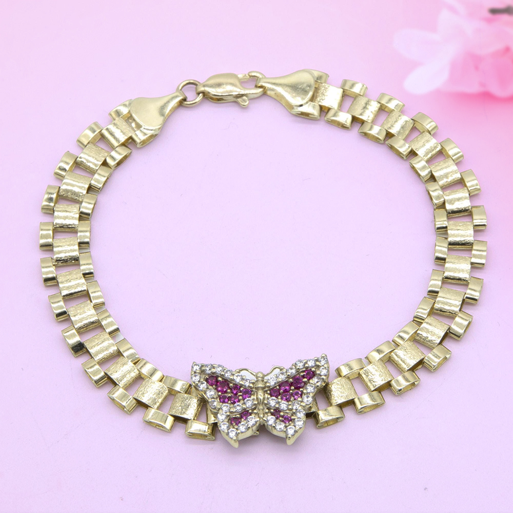 CZ Pink Butterfly Watch Band Chain Gold Plated RX Bracelet