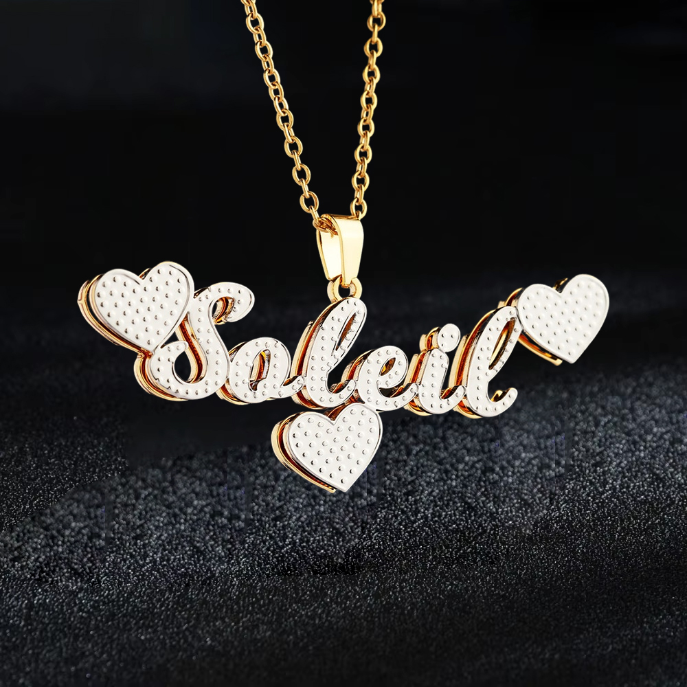 Personalized Double Plated Name Necklace With Three Hearts