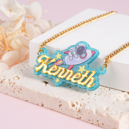 Acrylic Astronaut Rocket Pendant Personalized Name Necklace