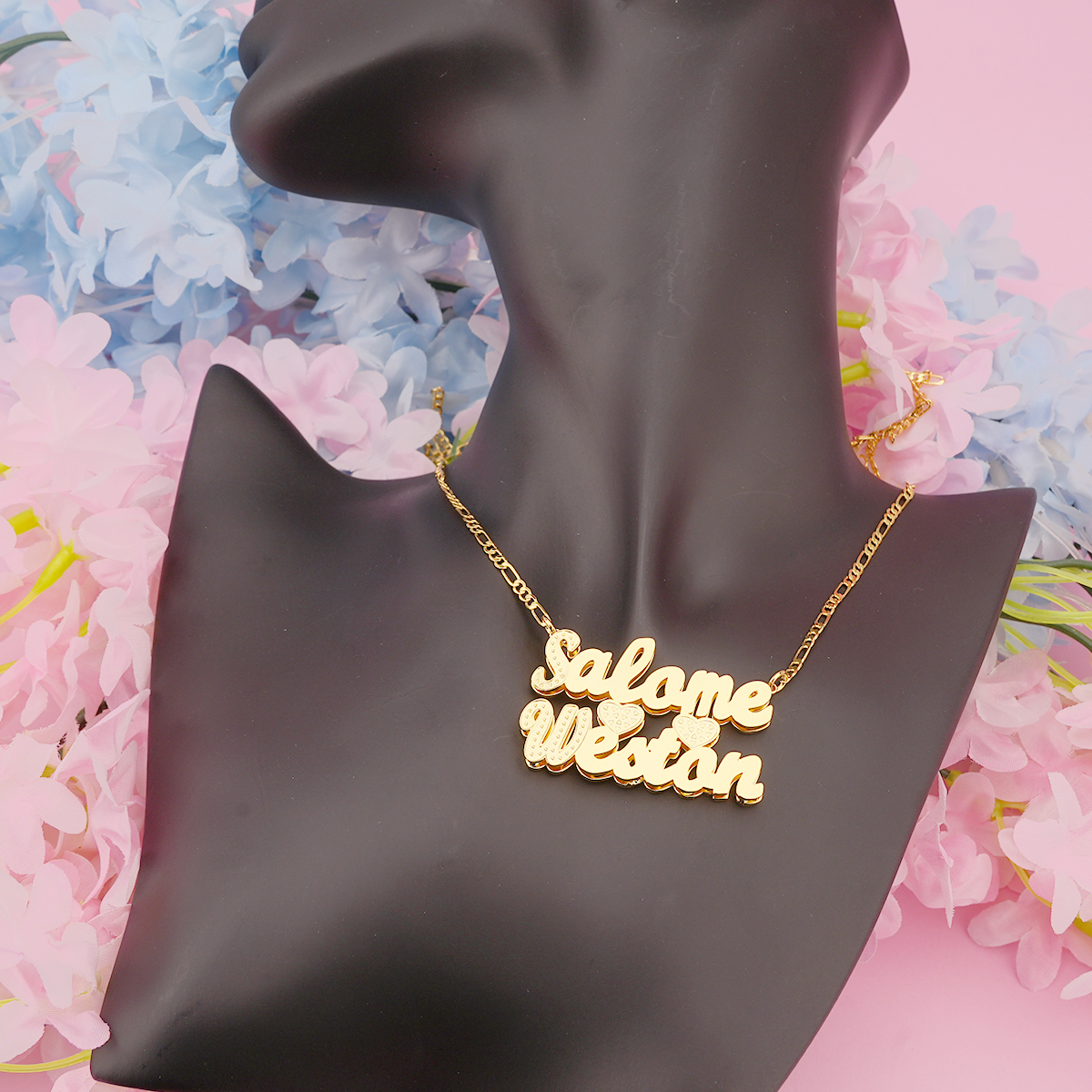 Double Layer 2 Names 2 Hearts Custom Gold Plated Couple Necklace