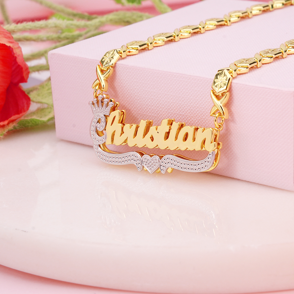 Two Tone Crown Nameplate with Heart XOXO Chain Personalized Name Necklace