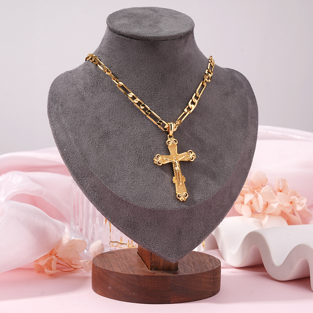Crucifix Cross Jesus Pendant Necklace Gold Plated Figaro Chain