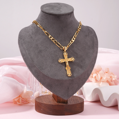 Crucifix Cross Jesus Pendant Necklace Gold Plated Figaro Chain